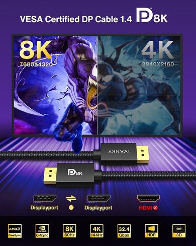 كبل Ivanky 8K DisplayPort 1.4 ، VESA Certified DP Cable 6.6ft (8K@60Hz ، 4K@144Hz ، 2K@240Hz) HBR3 دعم 32.4 جيجابت في الثانية ، HDR ، HDCP 2.2 ، FreeSync G-Sync ، منفذ عرض مضغوط لمراقبة الألعاب ، الرسومات ، الكمبيوتر الشخصي. in Kuwait