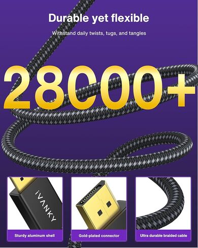 كبل Ivanky 8K DisplayPort 1.4 ، VESA Certified DP Cable 6.6ft (8K@60Hz ، 4K@144Hz ، 2K@240Hz) HBR3 دعم 32.4 جيجابت في الثانية ، HDR ، HDCP 2.2 ، FreeSync G-Sync ، منفذ عرض مضغوط لمراقبة الألعاب ، الرسومات ، الكمبيوتر الشخصي. in Kuwait