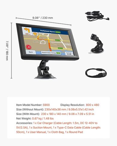 VEVOR GPS Navigator for Car, 9 inch Touch Screen 16GB GPS Navigation System with Built-in Dash Cam, Voice Turn-by-Turn Guidance, Speed and Red Light Warning, Custom Truck Routing, for Car Truck RV in Saudi Arabia