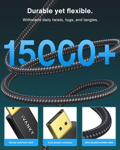كبل Ivanky 8K DisplayPort 1.4 ، VESA Certified DP Cable 6.6ft (8K@60Hz ، 4K@144Hz ، 2K@240Hz) HBR3 دعم 32.4 جيجابت في الثانية ، HDR ، HDCP 2.2 ، FreeSync G-Sync ، منفذ عرض مضغوط لمراقبة الألعاب ، الرسومات ، الكمبيوتر الشخصي. in Kuwait