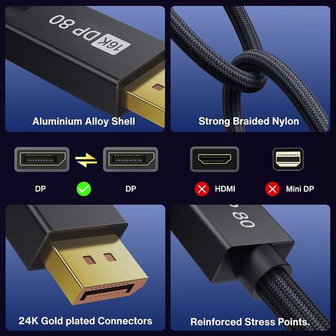 Ivanky 80GBPS VESA Displateport Cable 2.1 ، 16K Display Port 2.1 Cable ، [16K@60Hz 8K@240Hz 4K@480Hz ، HDR DSC] ، DP80 Display Cord متوافق مع الشاشة ، الرسومات 5090 7900XTX-6FT in Kuwait