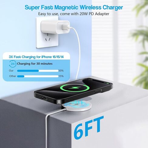 Magnetic Wireless Charger for iPhone 16 Pro Max/16 Pro/15/14/13/12/Plus/AirPods 3/2/Pro 2, 6FT Magnet Charge for Apple Mag-Safe Charger Fast Wireless Charging Pad with USB C Charging Block, 2Pack in Saudi Arabia