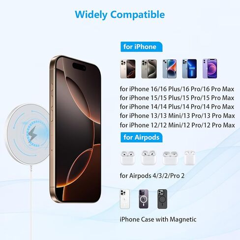Magnetic Wireless Charger for iPhone 16 Pro Max/16 Pro/15/14/13/12/Plus/AirPods 3/2/Pro 2, 6FT Magnet Charge for Apple Mag-Safe Charger Fast Wireless Charging Pad with USB C Charging Block, 2Pack in Saudi Arabia