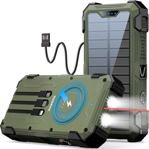 Army Green Solar Power Bank 42800mAh, 15W Wireless Portable Charger with Built-in Cables, 5 Outputs & 3 Inputs, Outdoor Battery Pack with LED Flashlight, Fast Charging for iPhone, Samsung, iPad in Saudi Arabia