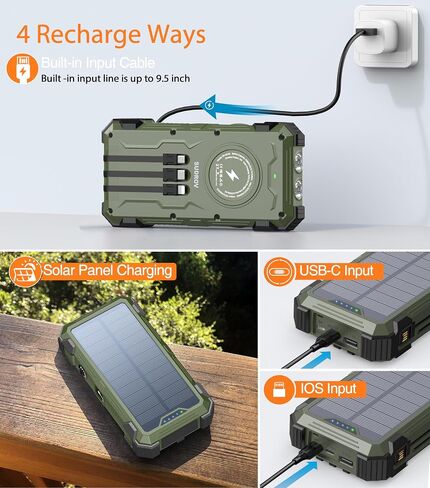 Army Green Solar Power Bank 42800mAh, 15W Wireless Portable Charger with Built-in Cables, 5 Outputs & 3 Inputs, Outdoor Battery Pack with LED Flashlight, Fast Charging for iPhone, Samsung, iPad in Saudi Arabia