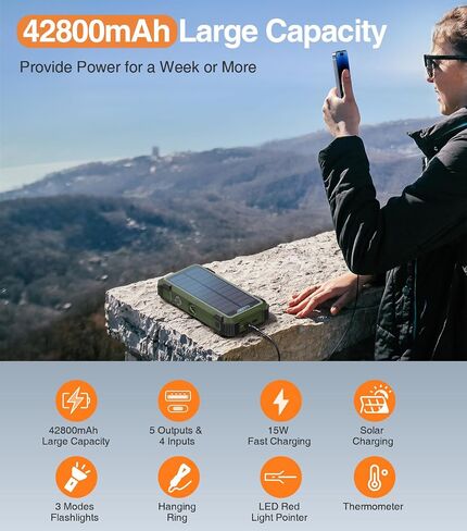 Army Green Solar Power Bank 42800mAh, 15W Wireless Portable Charger with Built-in Cables, 5 Outputs & 3 Inputs, Outdoor Battery Pack with LED Flashlight, Fast Charging for iPhone, Samsung, iPad in Saudi Arabia