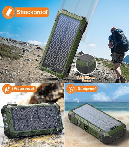 Army Green Solar Power Bank 42800mAh, 15W Wireless Portable Charger with Built-in Cables, 5 Outputs & 3 Inputs, Outdoor Battery Pack with LED Flashlight, Fast Charging for iPhone, Samsung, iPad in Saudi Arabia