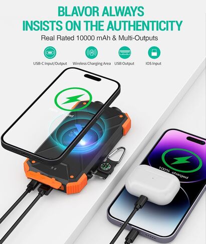 BLAVOR Solar Power Bank 10,000mAh, Portable Wireless Charger, 20W Fast Charging External Battery Pack with USB C for Cell Phones, Solar Panel Charging with Dual Flashlight for Camping in Saudi Arabia