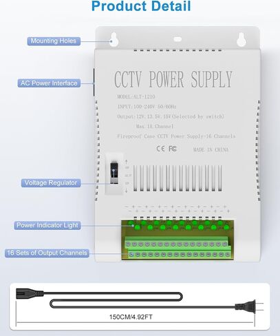 ALITOVE 12 Volt Camera Camera CCTV POWERS SUVENT 16 قناة توزيع الطاقة 10A 120W DC الجهد القابل للتعديل 12V 13.5V 15V AC ADAPTER 100-240V 50-60Hz لكاميرا DVR NVR ، ضوء الشريط LED in Kuwait