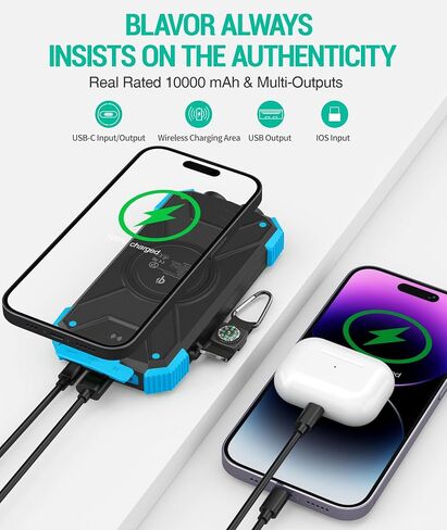 BLAVOR Solar Power Bank 10,000mAh, Portable Wireless Charger, 20W Fast Charging External Battery Pack with USB C for Cell Phones, Solar Panel Charging with Dual Flashlight for Camping in Saudi Arabia