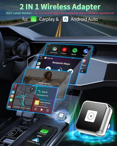 Wireless Carplay & Android Auto Adapter 1-Inch (2.54cm)-قابس وتشغيل غير مستقر ، اتصال مستقر 5G للموسيقى/الملاحة ، يعمل مع iPhone iOS 10+ & Android 11+ ، مقابل 98 ٪ من السيارات (2016-2025) (أسود) in Kuwait