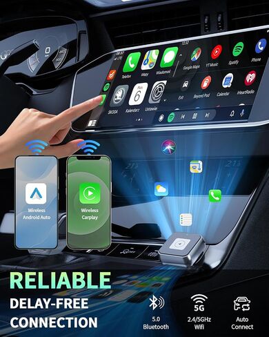 Wireless Carplay & Android Auto Adapter 1-Inch (2.54cm)-قابس وتشغيل غير مستقر ، اتصال مستقر 5G للموسيقى/الملاحة ، يعمل مع iPhone iOS 10+ & Android 11+ ، مقابل 98 ٪ من السيارات (2016-2025) (أسود) in Kuwait