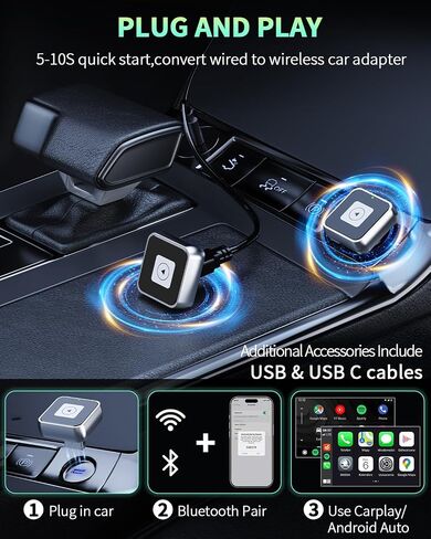 Wireless Carplay & Android Auto Adapter 1-Inch (2.54cm)-قابس وتشغيل غير مستقر ، اتصال مستقر 5G للموسيقى/الملاحة ، يعمل مع iPhone iOS 10+ & Android 11+ ، مقابل 98 ٪ من السيارات (2016-2025) (أسود) in Kuwait