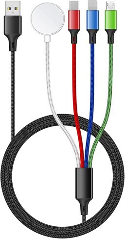 أساسيات السفر 4 في شاحن iWatch & iPhone ، كابل شحن متعدد الشحنة لشاحن Apple Watch USB C Micro Nylon متوافق مع IWatch Ultra/SE/10/9/8/7/6/5/3/3/iPhone 16/15/14/13 GALAXY PHONE (4ft) in Kuwait