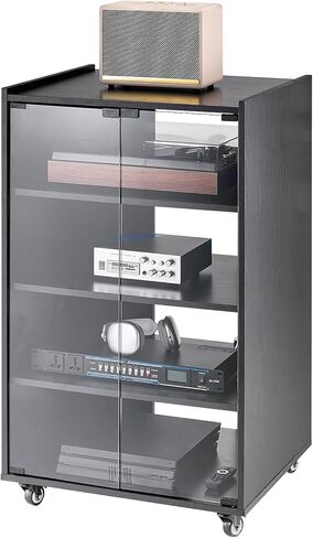 VEVOR 5-Tier AV Media Stand with Wheels, Wooden Audio-Video Media Stand for DVD Players/Cable Boxes/Games Consoles, Height-Adjustable Media Storage Cabinet for Gaming, Recording Room, Black in Saudi Arabia