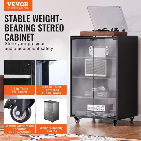 VEVOR 5-Tier AV Media Stand with Wheels, Wooden Audio-Video Media Stand for DVD Players/Cable Boxes/Games Consoles, Height-Adjustable Media Storage Cabinet for Gaming, Recording Room, Black in Saudi Arabia