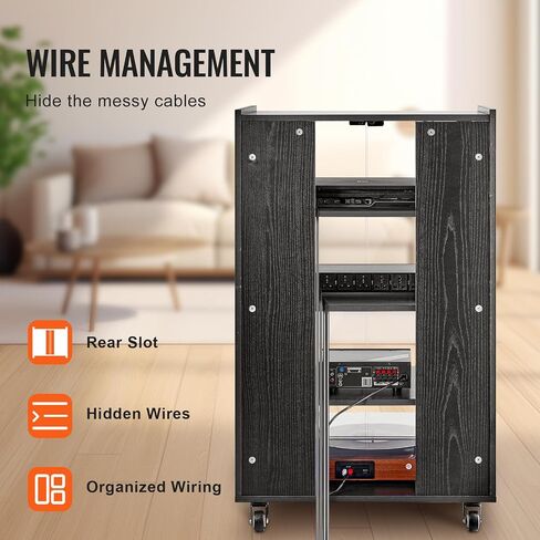 VEVOR 5-Tier AV Media Stand with Wheels, Wooden Audio-Video Media Stand for DVD Players/Cable Boxes/Games Consoles, Height-Adjustable Media Storage Cabinet for Gaming, Recording Room, Black in Saudi Arabia
