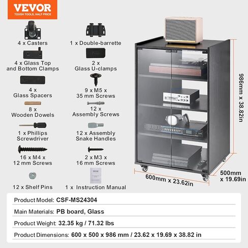 VEVOR 5-Tier AV Media Stand with Wheels, Wooden Audio-Video Media Stand for DVD Players/Cable Boxes/Games Consoles, Height-Adjustable Media Storage Cabinet for Gaming, Recording Room, Black in Saudi Arabia