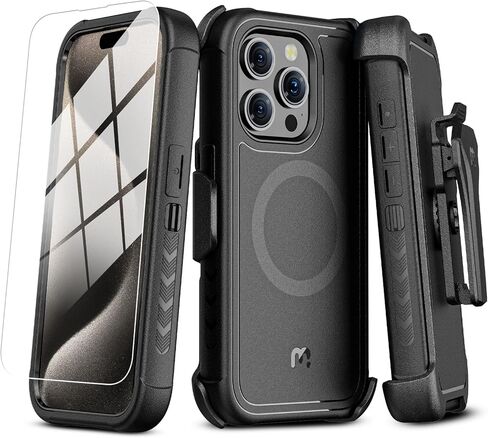 M MYBAT PRO Maverick Series iPhone 15 Pro Max Case with Belt Clip Holster,[Compatible with Magsafe] w/Screen Protector,Anti-Drop,Shockproof,with 360°Rotating Kickstand,Heavy Duty Protection Black in Kuwait