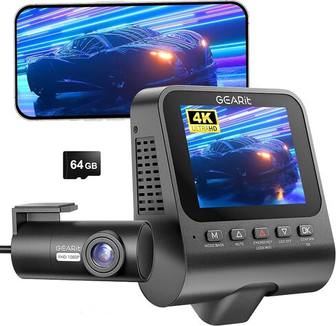 GEARit 4K Dual Dash Cam Front and Rear Camera with WiFi, GPS, Night Vision - 2 Channel Car Camera System with Supercapacitor, Parking Mode, Loop Recording & Free 64GB SD Card in Saudi Arabia