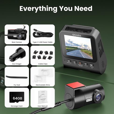 GEARit 4K Dual Dash Cam Front and Rear Camera with WiFi, GPS, Night Vision - 2 Channel Car Camera System with Supercapacitor, Parking Mode, Loop Recording & Free 64GB SD Card in Saudi Arabia