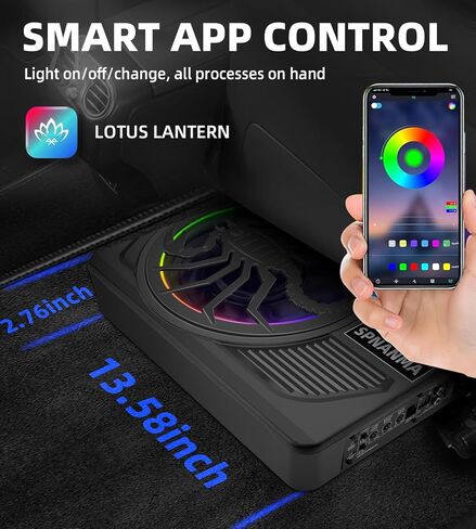 2025 تم ترقيته 1600W Slim Underseat Car Subwoofer وحزمة AMP مع RGB الضوء المتزامن ، والتحكم الفردي في باس/كسب/تعزيز منخفضة ، باس عميق نظيف مثالي للشاحنة/سيارات الدفع الرباعي/سيارات الدفع الرباعي in Kuwait