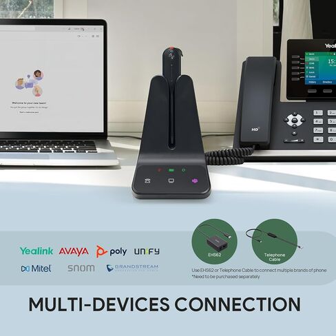 سماعة الرأس اللاسلكية Yealink Dect WH63 E2 ، سماعة رأس فردية معتمدة ، أذن واحدة (أحادية) للهاتف المكتبي والكمبيوتر اللينة ، ميكروفون إلغاء الضوضاء ، نطاق 607 قدمًا ، 3 أنماط ارتداء in Kuwait