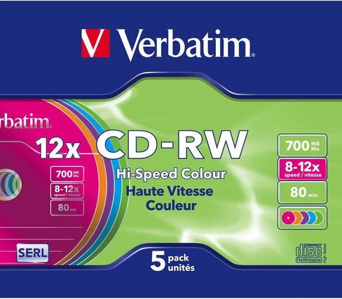Verbatim CD-RW 700 ميغابايت ، حزمة من 5 علبة نحيفة ، ملونة ، فراغات أقراص مضغوطة قابلة للكتابة ، سرعة حرق 52x مع عمر طويل ، أقراص مضغوطة فارغة ، قرص مضغوط صوتي فارغ ، قرص مضغوط فارغ in Kuwait