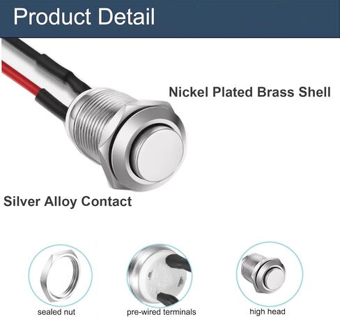 2pcs 12mm super super match more butty button switch anti-anti-vandal head silver shell 1/2 "host olut inclate with cable 12v 24V 110V (on) -off 2pins 1no in Saudi Arabia