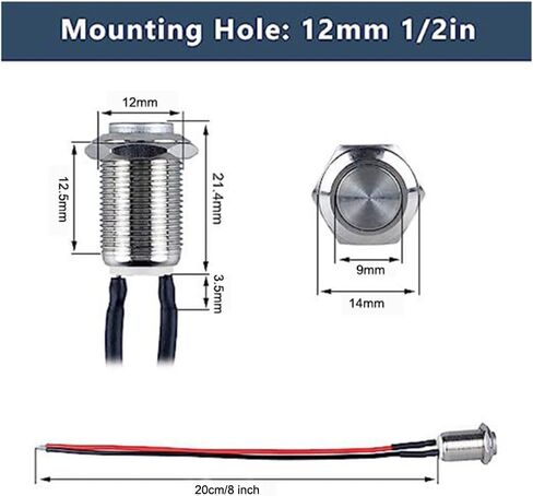2pcs 12mm super super match more butty button switch anti-anti-vandal head silver shell 1/2 "host olut inclate with cable 12v 24V 110V (on) -off 2pins 1no in Saudi Arabia