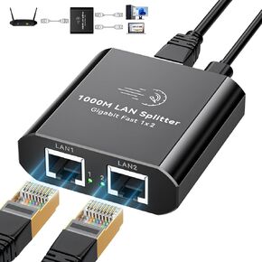 Ethernet Splitter 1 to 2 1000Mbps Internet Cable Splitter 1 in 2 Out High Speed Either Network Splitter Gigabit Dual LAN RJ45 Port Router Switch Work with Cat6/7/8 Cable in Saudi Arabia