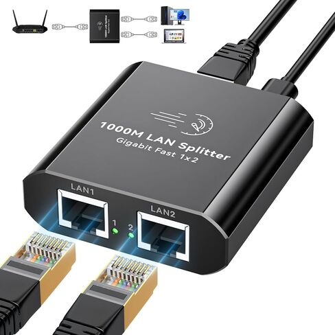 Ethernet Splitter 1 to 2 1000Mbps Internet Cable Splitter 1 in 2 Out High Speed Either Network Splitter Gigabit Dual LAN RJ45 Port Router Switch Work with Cat6/7/8 Cable in Kuwait
