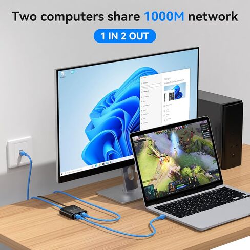 Ethernet Splitter 1 to 2 1000Mbps Internet Cable Splitter 1 in 2 Out High Speed Either Network Splitter Gigabit Dual LAN RJ45 Port Router Switch Work with Cat6/7/8 Cable in Kuwait