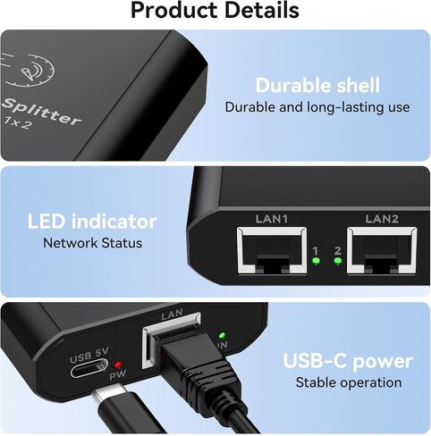 Ethernet Splitter 1 to 2 1000Mbps Internet Cable Splitter 1 in 2 Out High Speed Either Network Splitter Gigabit Dual LAN RJ45 Port Router Switch Work with Cat6/7/8 Cable in Kuwait