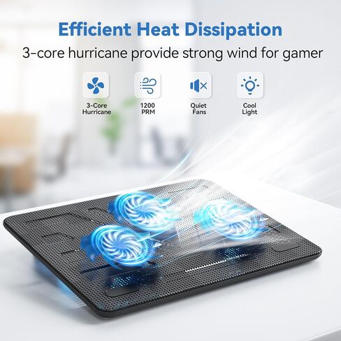 Tecknet Laptop Cooling Pad ، Portable Slim Slim Quiet USB مدعوم من محمول محمول مدفوعة الكتب المحمولة سجادة البرد مع 3 مراوح LED زرقاء ، يناسب 12-17 بوصة (أسود) in Kuwait