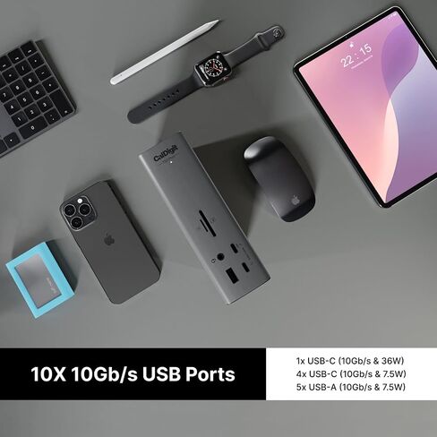 CalDigit TS5 PLUS - Thunderbolt 5 Dock - 20 Port, 10Gb Ethernet, 140W dedicated host Charging, TBT-5 x 3, USB 10Gb/s x10, Dual USB Controllers, Up to Two 8K 60Hz Displays, 1.0m Braided Cable, 330W PSU in Saudi Arabia