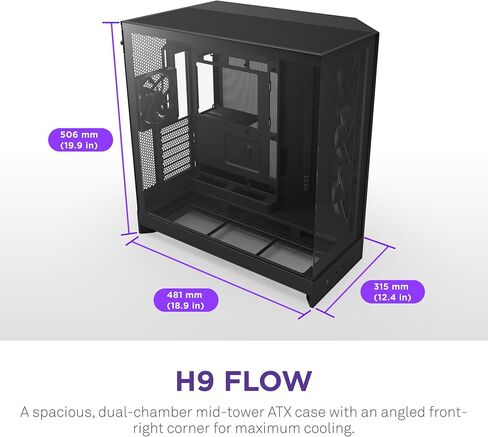 NZXT H9 Flow RGB+ (2025) – Large Dual-Chamber ATX Mid-Tower Airflow PC Case – Includes 7 RGB Fans (6 x 140mm, 1 x 120mm) & Control Hub – 420mm Radiator Support – Back-Connect Ready – Black in Saudi Arabia
