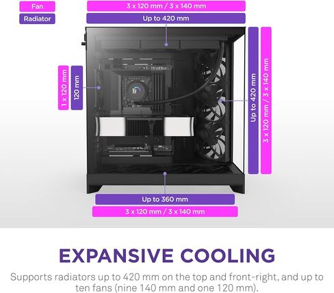 NZXT H9 Flow RGB+ (2025) – Large Dual-Chamber ATX Mid-Tower Airflow PC Case – Includes 7 RGB Fans (6 x 140mm, 1 x 120mm) & Control Hub – 420mm Radiator Support – Back-Connect Ready – Black in Saudi Arabia