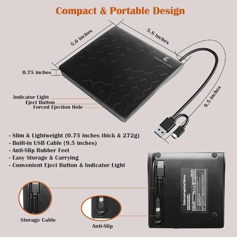 External Slim USB 3.2 Gen1 CD/DVD Burner Writer Reader, Portable CD/DVD-RW Optical Drive with 4.7GB DVD Disc for Data Backup, Compatible with Windows & Mac, Plug & Play for Laptops & Desktops in Saudi Arabia