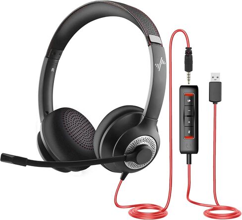 USB Headset with Microphone for PC, On-Ear Computer Laptop Headphones with Noise Cancelling Microphone in-line Control for Home Office Online Class Skype Zoom (USB+3.5mm, Black) in Kuwait