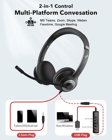 USB Headset with Microphone for PC, On-Ear Computer Laptop Headphones with Noise Cancelling Microphone in-line Control for Home Office Online Class Skype Zoom (USB+3.5mm, Black) in Kuwait