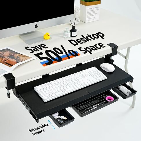 Large Height Adjustable Keyboard Tray with Sturdy C-Clamp Mount and Storage Drawer, 27"(31" Including Clamps) x 12" Slide Out Ergonomic Keyboard Trays for Home and Office, Black in Kuwait