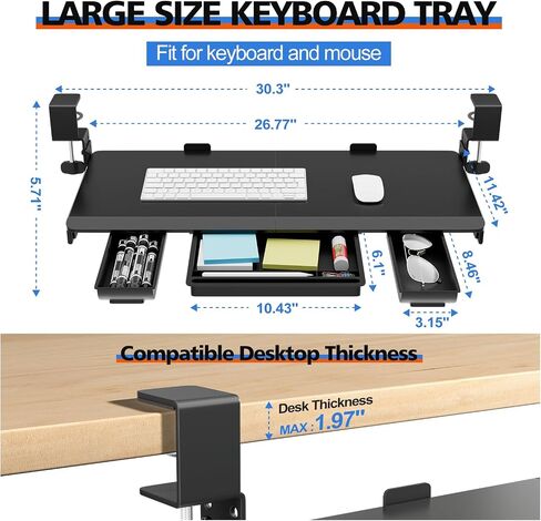 Large Height Adjustable Keyboard Tray with Sturdy C-Clamp Mount and Storage Drawer, 27"(31" Including Clamps) x 12" Slide Out Ergonomic Keyboard Trays for Home and Office, Black in Kuwait