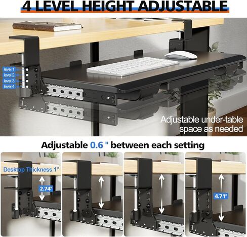 Large Height Adjustable Keyboard Tray with Sturdy C-Clamp Mount and Storage Drawer, 27"(31" Including Clamps) x 12" Slide Out Ergonomic Keyboard Trays for Home and Office, Black in Kuwait