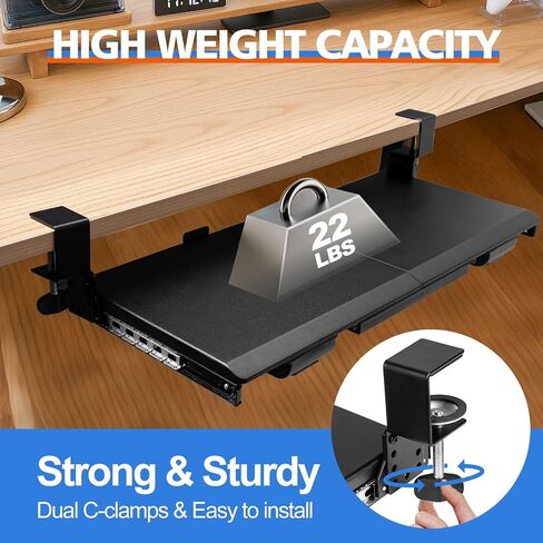 Large Height Adjustable Keyboard Tray with Sturdy C-Clamp Mount and Storage Drawer, 27"(31" Including Clamps) x 12" Slide Out Ergonomic Keyboard Trays for Home and Office, Black in Kuwait