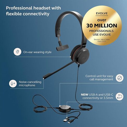 Jabra Evolve 30 II السلكية السلكية ذات الأذن المزدوجة مع MIC للعمل-مقبس 3.5 مم أو اتصال USB-A/USB-C ، سماعة الكمبيوتر مع ميكروفون إلغاء الضوضاء ، يعمل مع منصات الاجتماعات عبر الإنترنت-أسود in Saudi Arabia