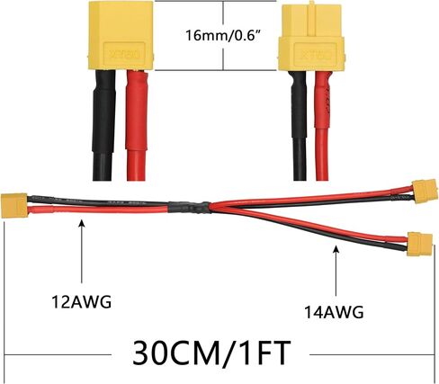 2Pcs XT60 Parallel Battery Connector Cable 1FT, 12AWG 1 Female to 2 Male Y Splitter Adapter Cable, for RC Multicopter Quadcopter in Saudi Arabia