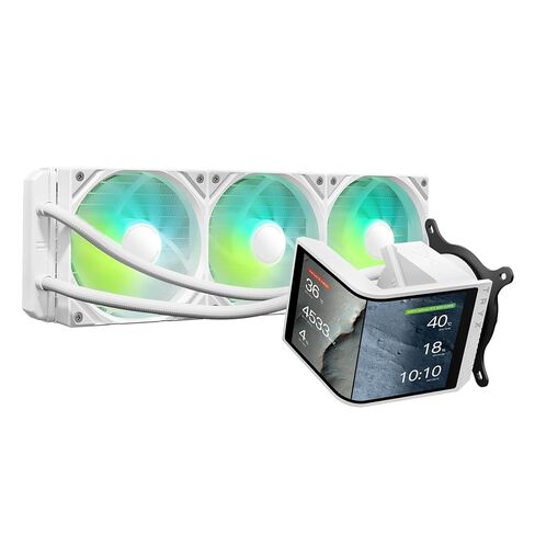Tryx Panorama SE 360 Argb White 360mm Aio Rotatable 6.67 '' AMOLED Curved Screen 3D anamorphic effect AIO AIO COWNER 360MM WHITE ASETEK ADELA 280W TDP Intel LGA 1851/1700/1200/115X AM5 AM5/AM4 in Kuwait