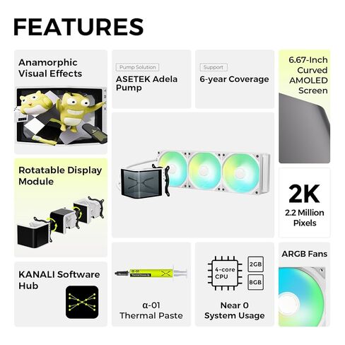 Tryx Panorama SE 360 Argb White 360mm Aio Rotatable 6.67 '' AMOLED Curved Screen 3D anamorphic effect AIO AIO COWNER 360MM WHITE ASETEK ADELA 280W TDP Intel LGA 1851/1700/1200/115X AM5 AM5/AM4 in Kuwait