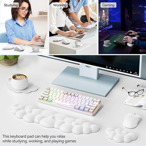 TECKNET Cloud Keyboard Wrist Rest Set, Cloud Wrist Rest with Non-Slip Base, PU Leather Wrist Pad for Keyboard with Ergonomic Memory Foam for Computer Laptop Office Gaming and Pain Relief, White in Saudi Arabia